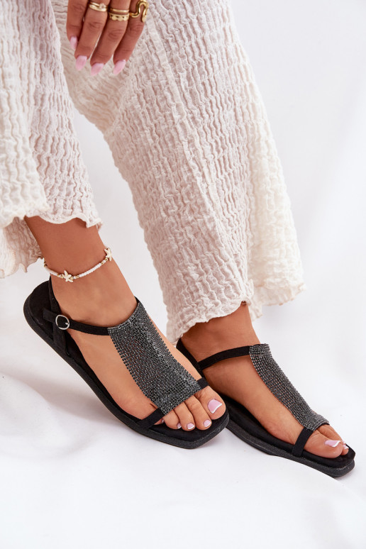 Flat Elegant Women's Sandals With Crystals Artiker 56C1370 Black Flat Elegant Women's Sandals With Crystals Artiker 56C1370 Black