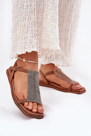 Flat Elegant Women's Sandals With Crystals Artiker 56C1365 Brown