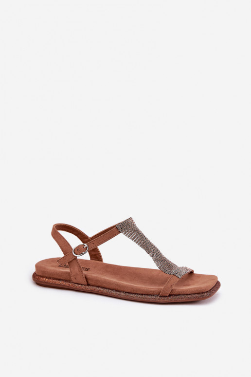 Flat Elegant Women's Sandals With Crystals Artiker 56C1365 Brown Flat Elegant Women's Sandals With Crystals Artiker 56C1365 Brown