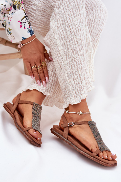Flat Elegant Women's Sandals With Crystals Artiker 56C1365 Brown Flat Elegant Women's Sandals With Crystals Artiker 56C1365 Brown