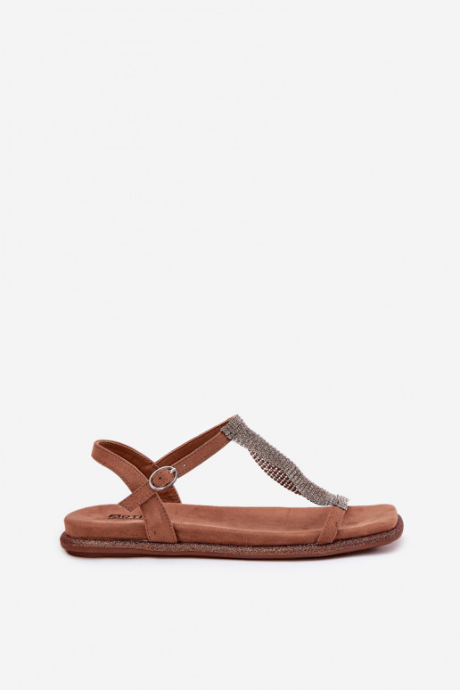 Flat Elegant Women's Sandals With Crystals Artiker 56C1365 Brown Flat Elegant Women's Sandals With Crystals Artiker 56C1365 Brown