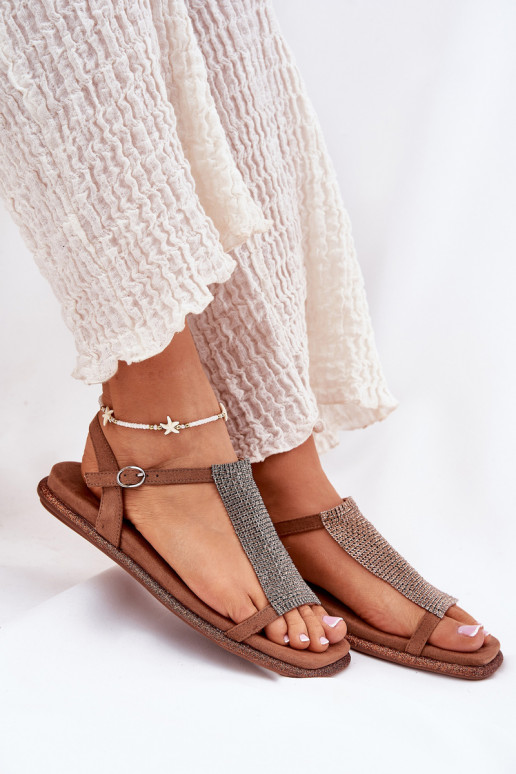 Płaskie Eleganckie Sandały DamskiewithKryształkami Artiker 56C1365 Brązowe