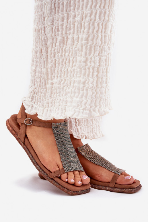 Flat Elegant Women's Sandals With Crystals Artiker 56C1365 Brown Flat Elegant Women's Sandals With Crystals Artiker 56C1365 Brown