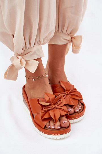Ladies Leather Wedge Sandals With Decorative Flower Artiker 52C0505 Orange
