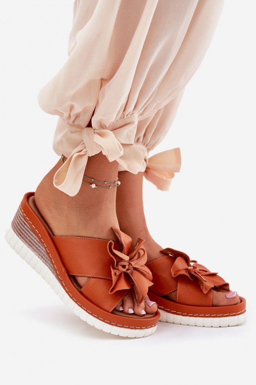 Ladies Leather Wedge Sandals With Decorative Flower Artiker 52C0505 Orange Ladies Leather Wedge Sandals With Decorative Flower Artiker 52C0505 Orange