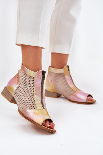 Ladies Leather Ankle Boots On Flat Heel With Open Toes Maciejka Pink-Orange 06413-15