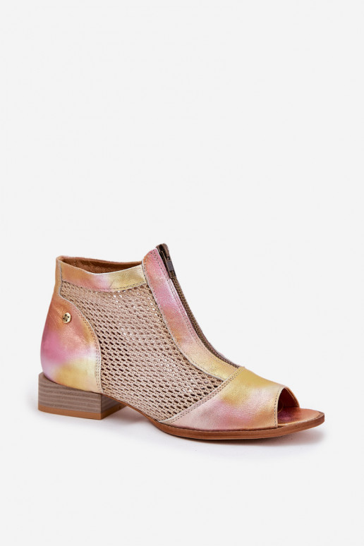 Skórzane Botki Damskie Na Płaskim ObcasiewithOdkrytymi Palcami Maciejka 06413-15 Różowo-Pomarańczowe