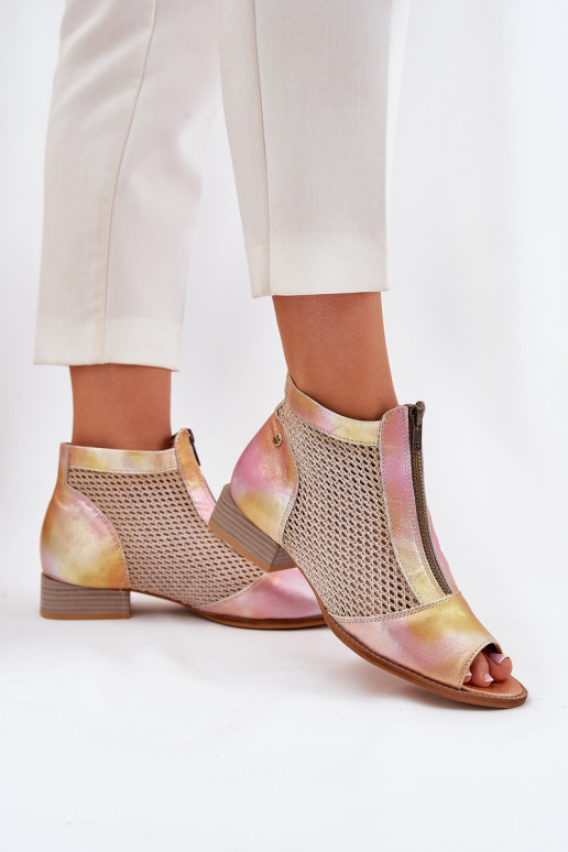 Skórzane Botki Damskie Na Płaskim ObcasiewithOdkrytymi Palcami Maciejka 06413-15 Różowo-Pomarańczowe