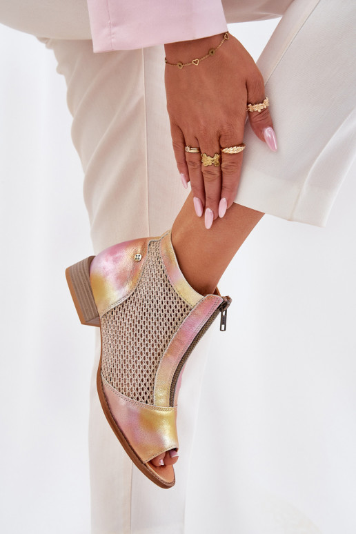 Skórzane Botki Damskie Na Płaskim ObcasiewithOdkrytymi Palcami Maciejka 06413-15 Różowo-Pomarańczowe