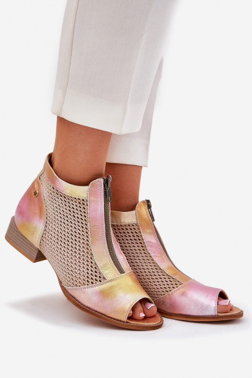 Skórzane Botki Damskie Na Płaskim ObcasiewithOdkrytymi Palcami Maciejka 06413-15 Różowo-Pomarańczowe