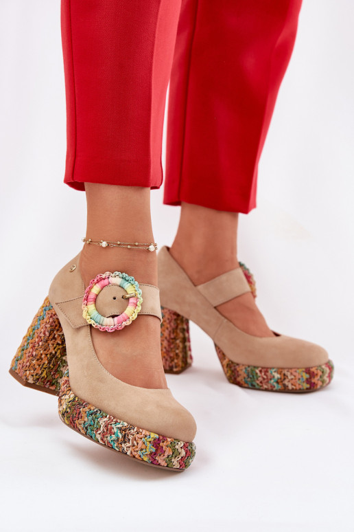 Suede Pumps With Weaving On Heel And Platform 06839-04 Maciejka Beige Suede Pumps With Weaving On Heel And Platform 06839-04 Maciejka Beige