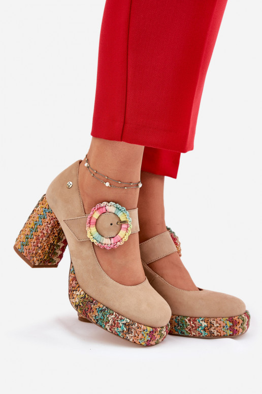 Suede Pumps With Weaving On Heel And Platform 06839-04 Maciejka Beige Suede Pumps With Weaving On Heel And Platform 06839-04 Maciejka Beige