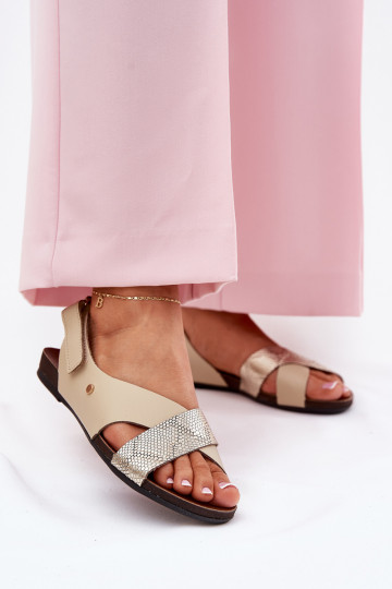 Leather Velcro Sandals Beige-Gold Zazoo 40141