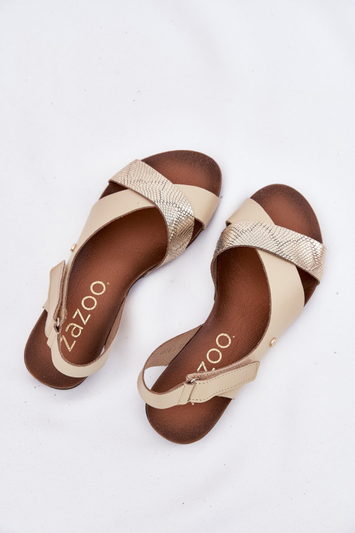 Leather Velcro Sandals Beige-Gold Zazoo 40141 Leather Velcro Sandals Beige-Gold Zazoo 40141