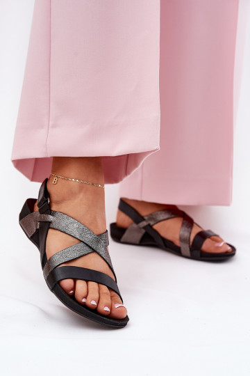 Flat Leather Sandals Women Zazoo 40032 Black
