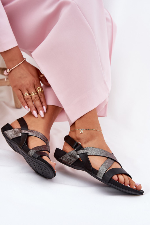 Płaskie Skórzane Sandały Damskie Zazoo 40032 Czarne Płaskie Skórzane Sandały Damskie Zazoo 40032 Czarne