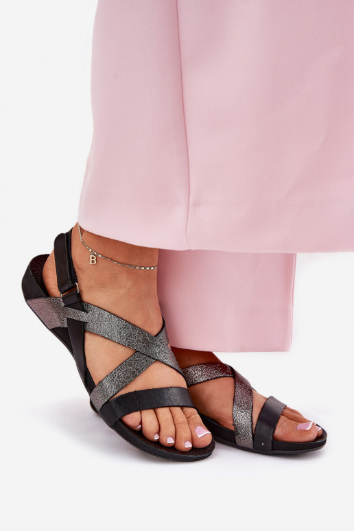 Płaskie Skórzane Sandały Damskie Zazoo 40032 Czarne Płaskie Skórzane Sandały Damskie Zazoo 40032 Czarne