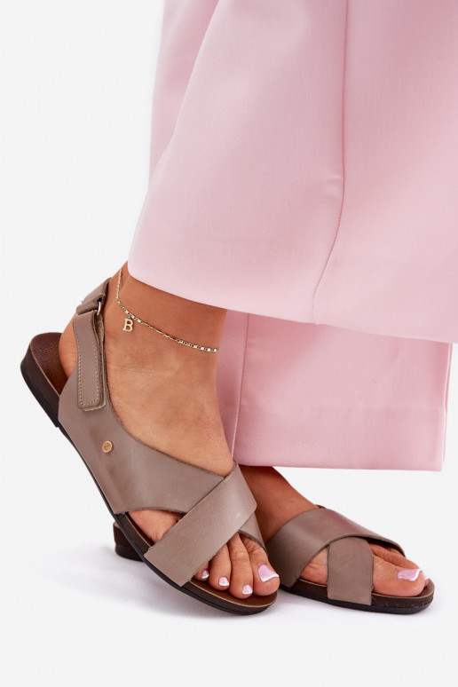 Leather Velcro Sandals Dark Beige Zazoo 40141