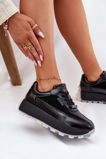 Ladies Leather Sneakers On Platform Big Star RR274873 HI-POLY SYSTEM Black