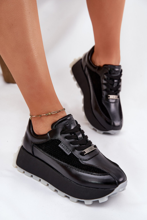 Ladies Leather Sneakers On Platform Big Star RR274873 HI-POLY SYSTEM Black