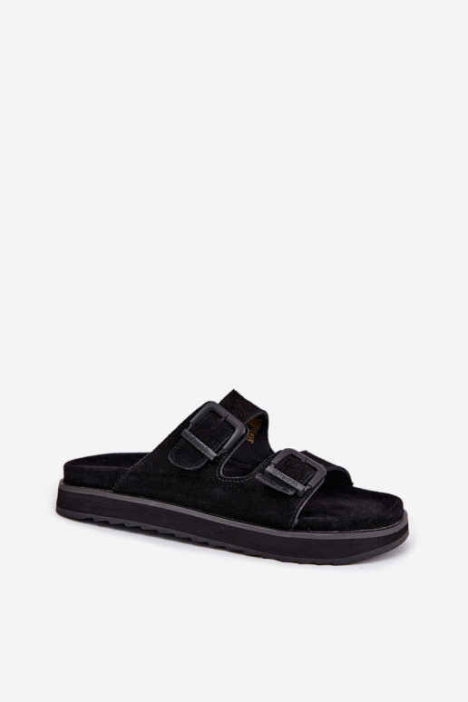 Women's Suede Slides With Buckles D.Franklin Black DFSH405001 Women's Suede Slides With Buckles D.Franklin Black DFSH405001