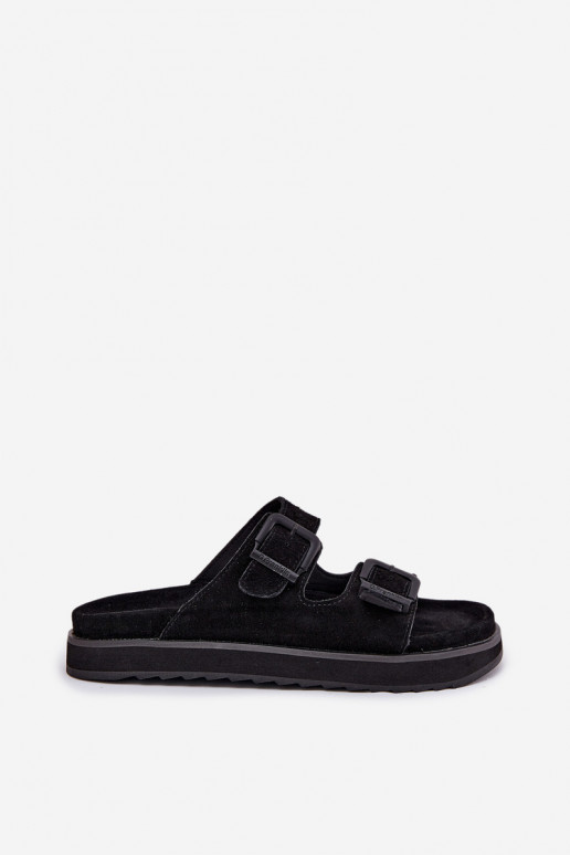 Women's Suede Slides With Buckles D.Franklin Black DFSH405001 Women's Suede Slides With Buckles D.Franklin Black DFSH405001