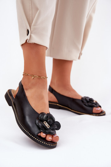 Leather Flat Sandals With Decoration CheBello 4642 Black 2