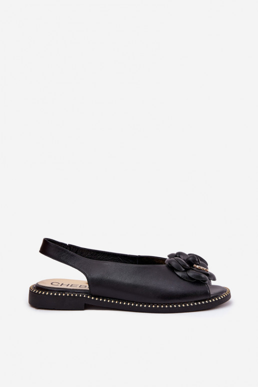 Leather Flat Sandals With Decoration CheBello 4642 Black Leather Flat Sandals With Decoration CheBello 4642 Black