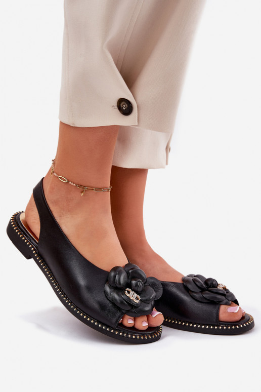 Leather Flat Sandals With Decoration CheBello 4642 Black Leather Flat Sandals With Decoration CheBello 4642 Black