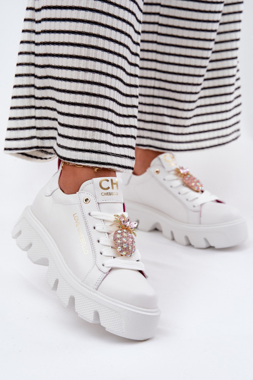 Leather Sneakers With Decorative Pineapple Brooch CheBello 4651 White
