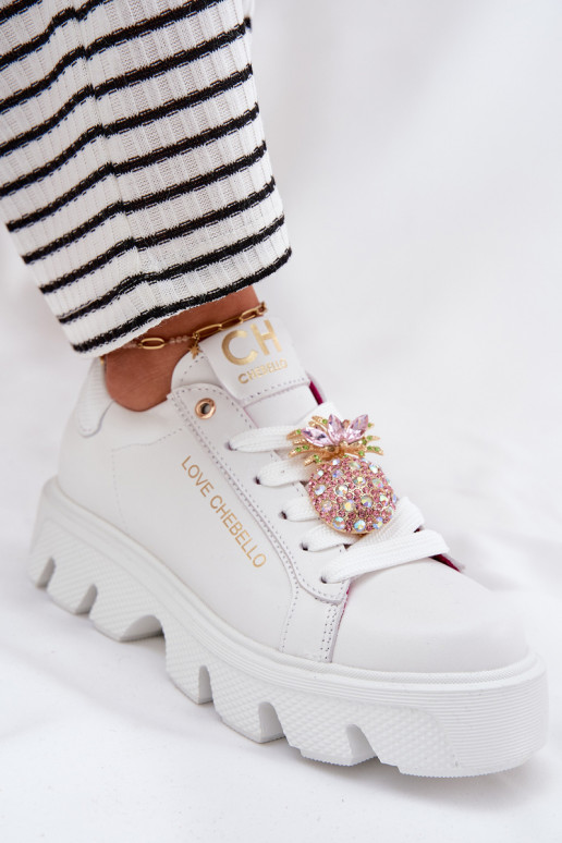 Leather Sneakers With Decorative Pineapple Brooch CheBello 4651 White