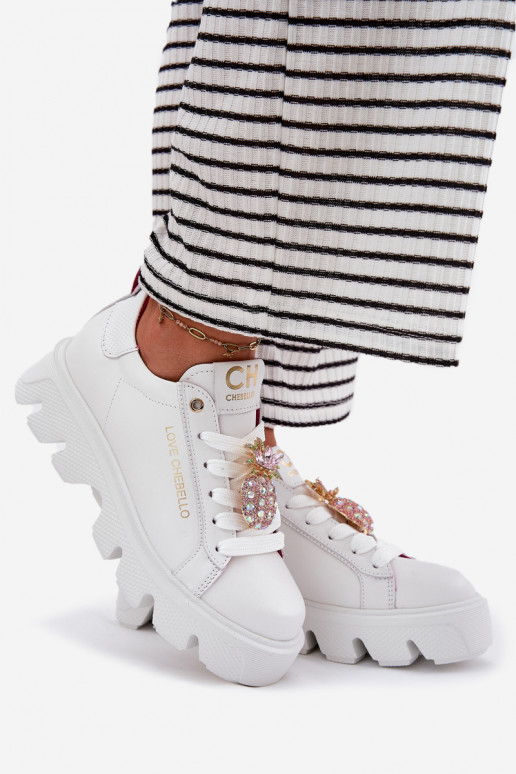 Leather Sneakers With Decorative Pineapple Brooch CheBello 4651 White