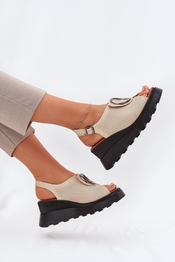 Ladies Leather Wedge Sandals With Decoration Beige Artiker 56C0111