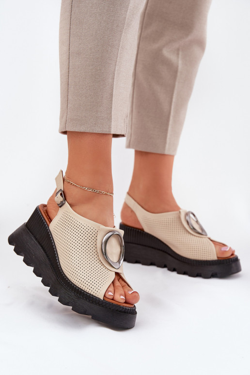Ladies Leather Wedge Sandals With Decoration Beige Artiker 56C0111 Ladies Leather Wedge Sandals With Decoration Beige Artiker 56C0111
