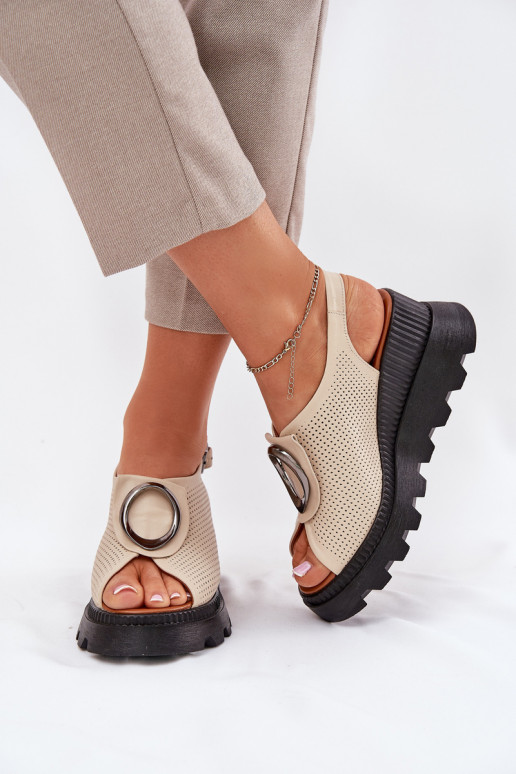 Ladies Leather Wedge Sandals With Decoration Beige Artiker 56C0111 Ladies Leather Wedge Sandals With Decoration Beige Artiker 56C0111