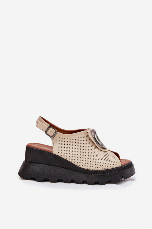 Ladies Leather Wedge Sandals With Decoration Beige Artiker 56C0111 Ladies Leather Wedge Sandals With Decoration Beige Artiker 56C0111