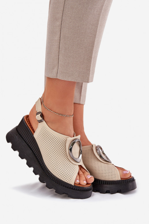 Skórzane Sandały Damskie Na KoturniewithOzdobą Artiker 56C0111 Beżowe