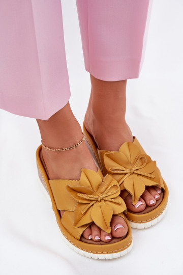 Leather Women's Wedge Sandals with Decorative Flower Artiker 52C0504 Yellow