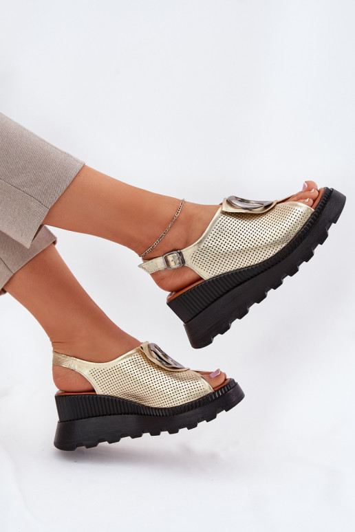 Leather Women's Wedge Sandals With Decoration Artiker 56C0109 Gold Leather Women's Wedge Sandals With Decoration Artiker 56C0109 Gold