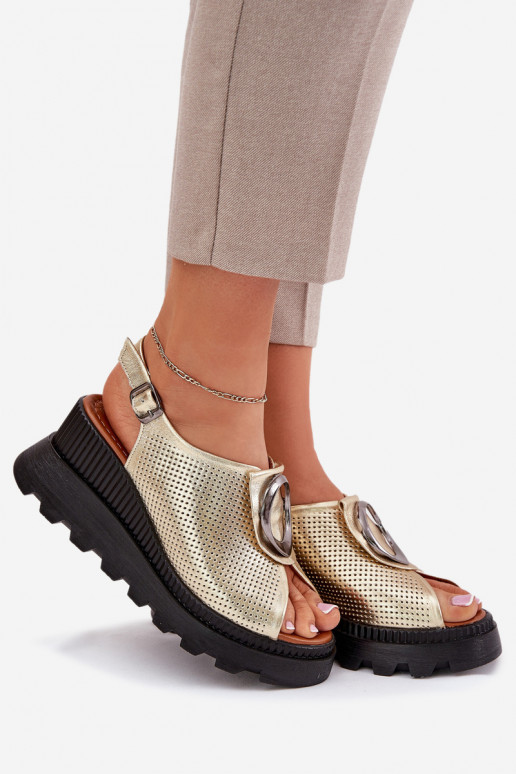 Leather Women's Wedge Sandals With Decoration Artiker 56C0109 Gold Leather Women's Wedge Sandals With Decoration Artiker 56C0109 Gold