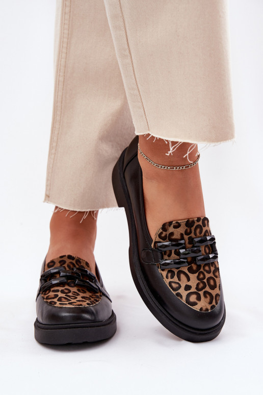 Leather Moccasins With Decoration And Leopard Black Laura Messi 2965 Leather Moccasins With Decoration And Leopard Black Laura Messi 2965