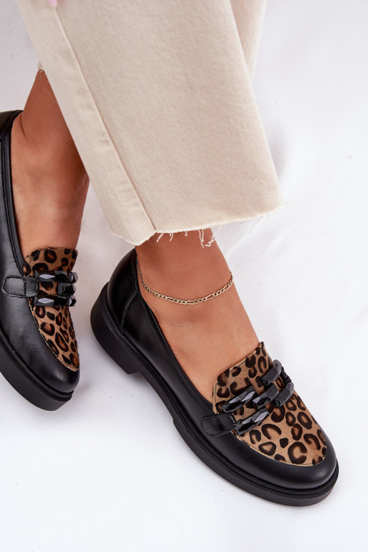 Leather Moccasins With Decoration And Leopard Black Laura Messi 2965 Leather Moccasins With Decoration And Leopard Black Laura Messi 2965