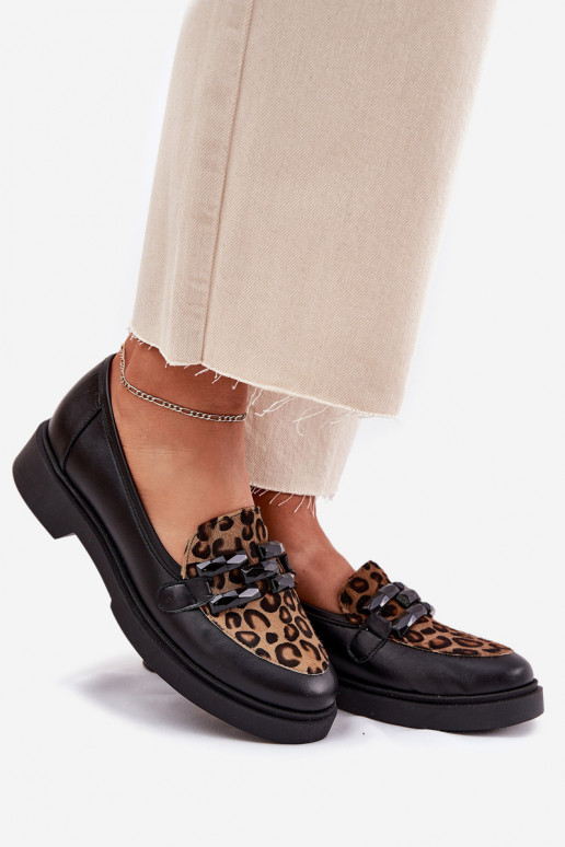 Skórzane MokasynywithOzdobą I Panterką Laura Messi 2965 Czarne