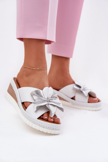 Leather Women's Slippers On Wedge With Decorative Flower Artiker White-Silver 54C0538 2