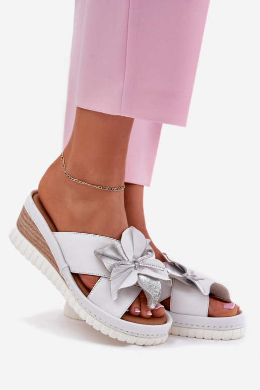 Leather Women's Slippers On Wedge With Decorative Flower Artiker White-Silver 54C0538