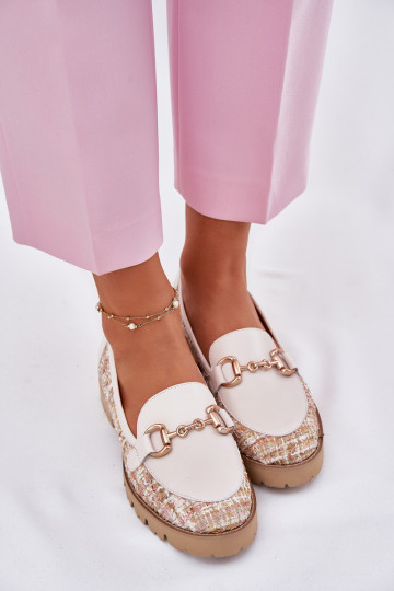 Ladies Leather Moccasins With Golden Detail Light Beige Laura Messi 2938