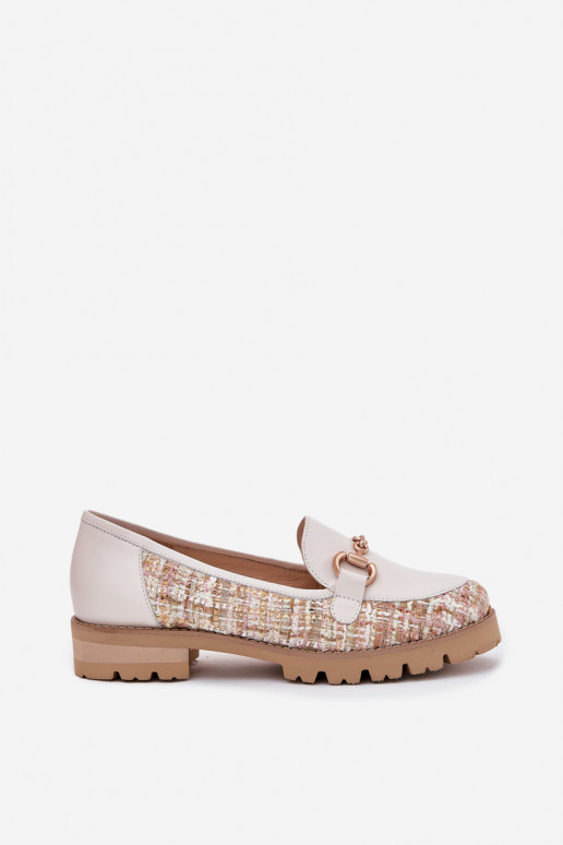 Skórzane Mokasyny Damskie Ze Złotym Detalem Laura Messi 2938 Jasnobeżowe