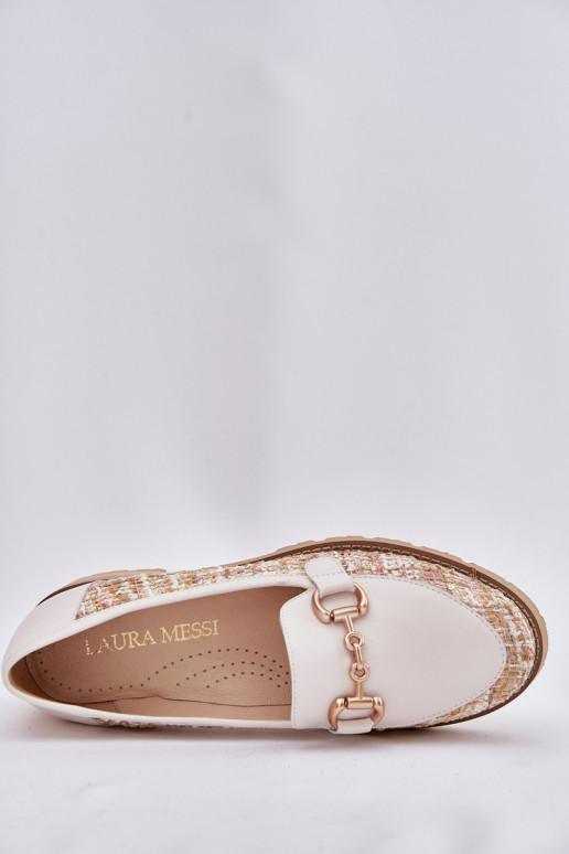 Skórzane Mokasyny Damskie Ze Złotym Detalem Laura Messi 2938 Jasnobeżowe