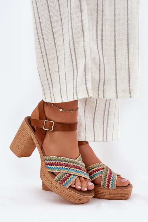 Leather Heeled Sandals With Braiding On Straps Brown Zazoo 40460 Leather Heeled Sandals With Braiding On Straps Brown Zazoo 40460