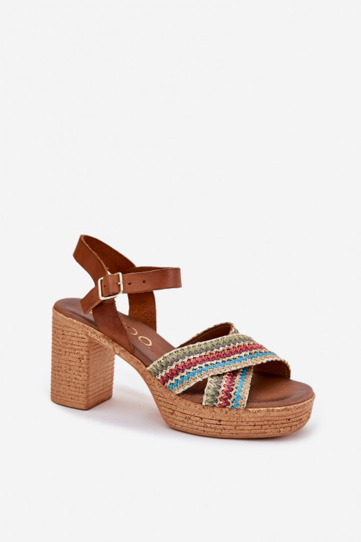Leather Heeled Sandals With Braiding On Straps Brown Zazoo 40460 Leather Heeled Sandals With Braiding On Straps Brown Zazoo 40460